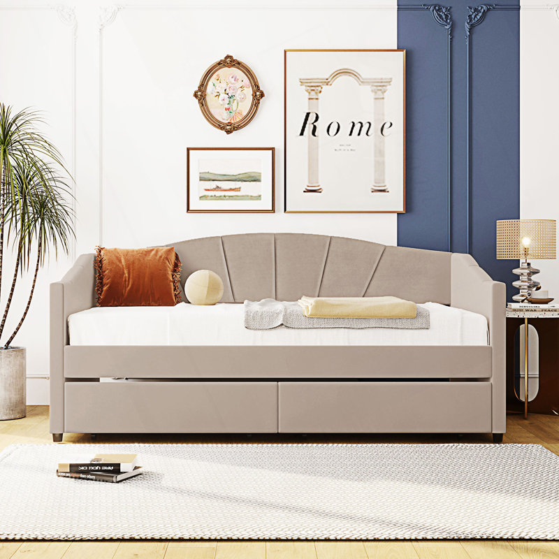 Lit de jour rembourré de style moderne simple avec deux tiroirs, Beige