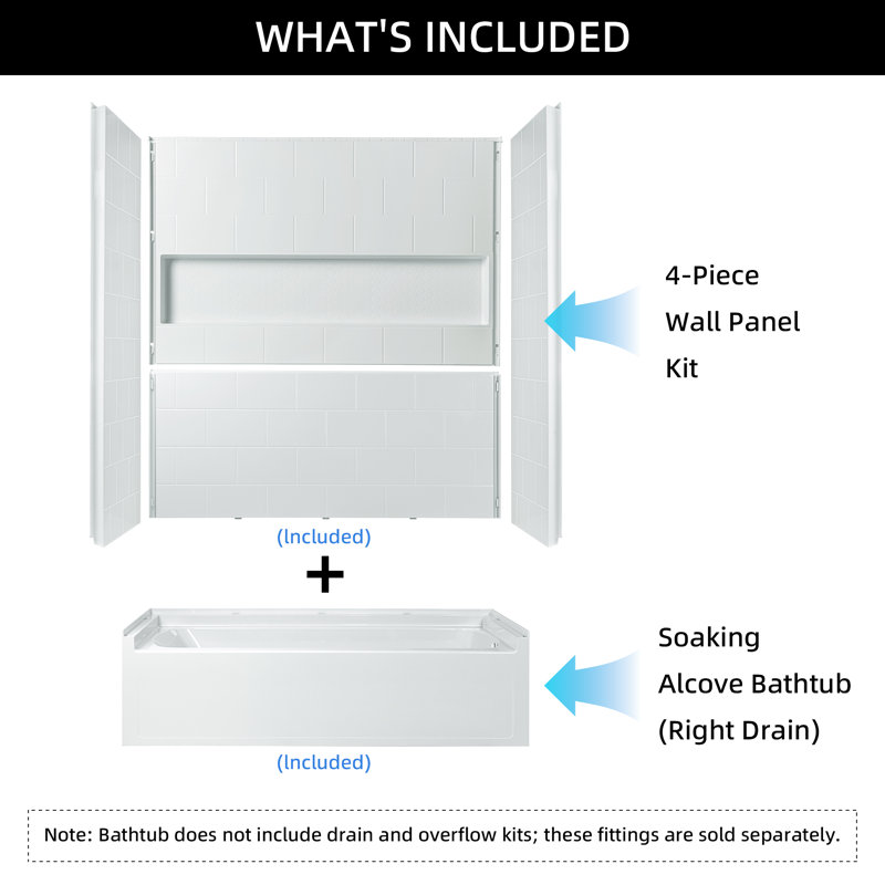 Woodbridge 60” X 32” 4-piece Direct-to-stud Alcove Tub Surround,1-3/4 Inch (44mm) Thick, With Soaking Bathtub Combo In White