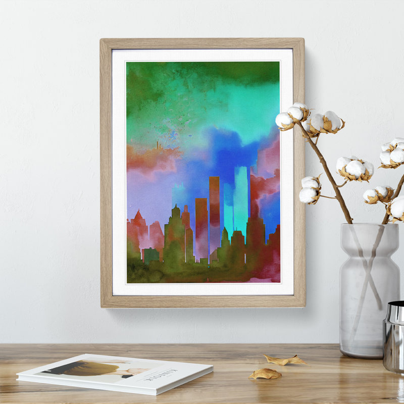 XV1022-3309X Painted City Skyline No.3 Abstract - Single Picture Frame Print, 46cm H x 34cm W x 2cm D, Oak