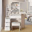Petite coiffeuse 29,2 po avec tabouret de chevet gauche + tabouret rembourré, très grand miroir coulissant à droite, rangement multi-couches grande capacité, commode pratique et pratique, convient aux petits espaces