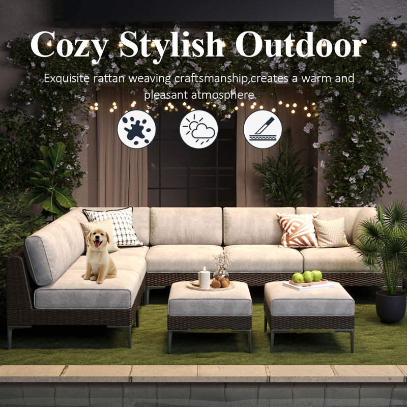  8-piece L-shaped Modular Outdoor Sectional Sofa Set, Wicker Rattan Patio Conversation Set With 6-inch Thick Cushions, Beige
