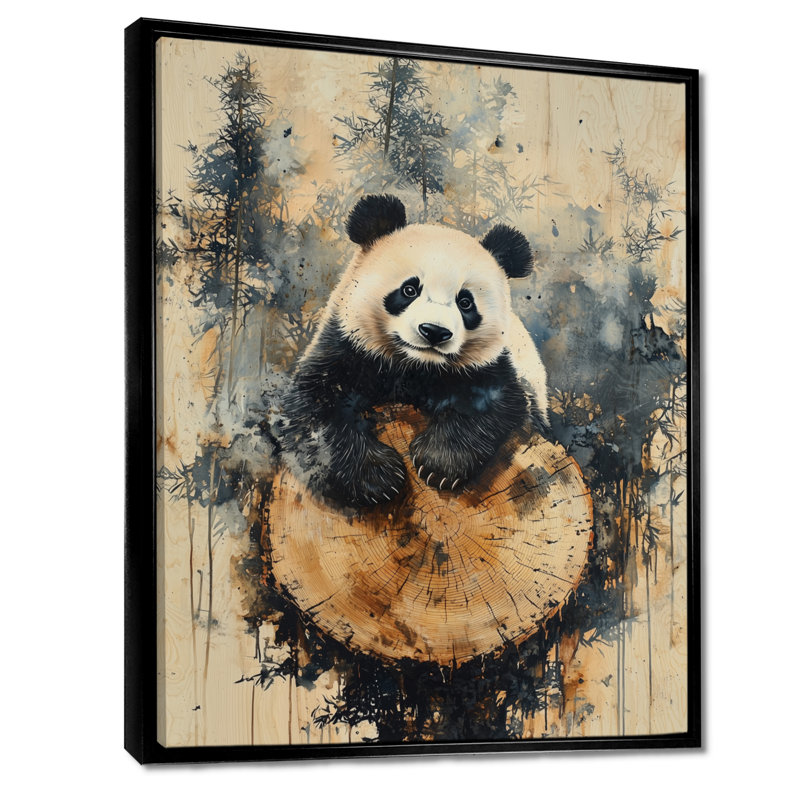 Geriel Panda Portrait In Bamboo Landscape I - Panda, reproduction sur toile encadrée, Impression sur cadre flottant, Noir