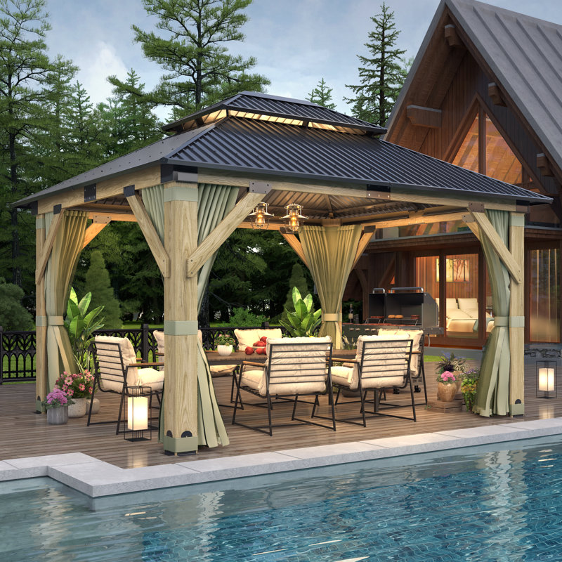 13 ft. W x 11 ft. D Outdoor Cedar Wood Gazebo Galvanized Steel Hardtop with Curtain & Nettings, 13 ft. W x 11 ft. D