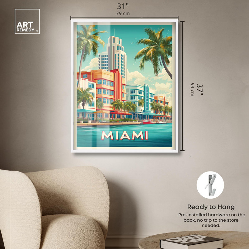 «Miami Deco I Shadowbox Print Retro Summer Decor» par Art Remedy, H 37 po x l 31 po, Blanc