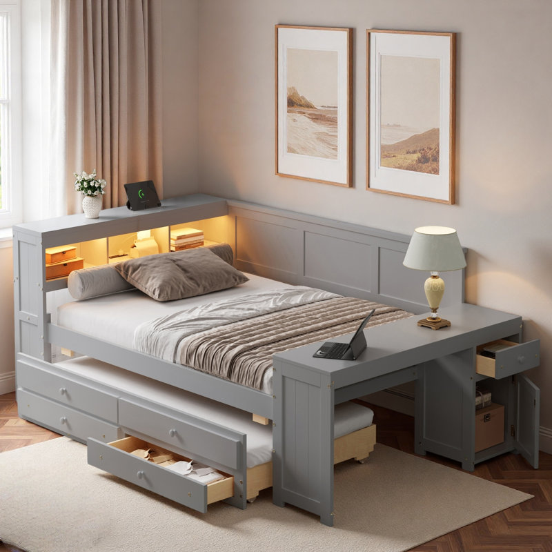 Modern Daybed With Storage Shelves, Drawers, Trundle, Charging Station, Led Light, Desk And Cabinet, Gray