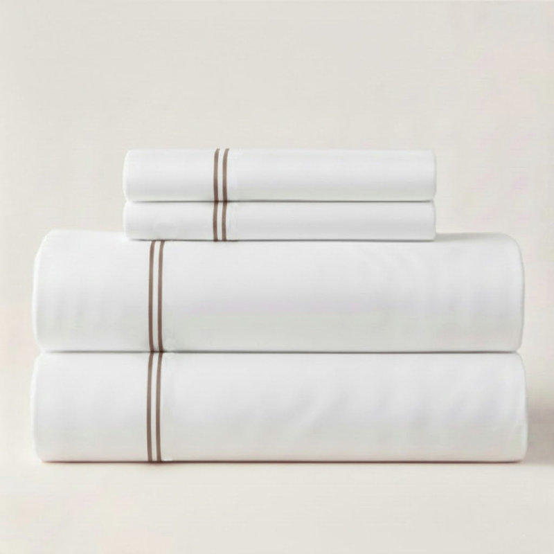 500TC Cotton Double Embroidery Sateen Solid Cotton 4 Piece Sheet Set Fitted Sheet Fits Upto 16" Deep Pocket, Chocolate Border