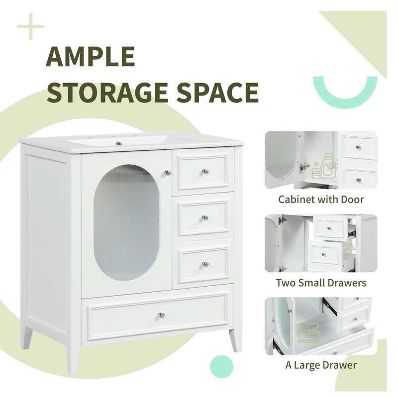 Ensemble de meuble-lavabo 30 po avec 3 tiroirs et porte en verre, Blanc
