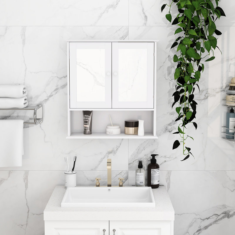 Armoire de salle de bain blanche à miroir avec portes doubles - Économie d'espace et tablettes réglables peintes attrayantes
