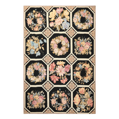 Tapis traditionnel en laine tissé à la main noir et ivoire 6 x 9 Aubusson