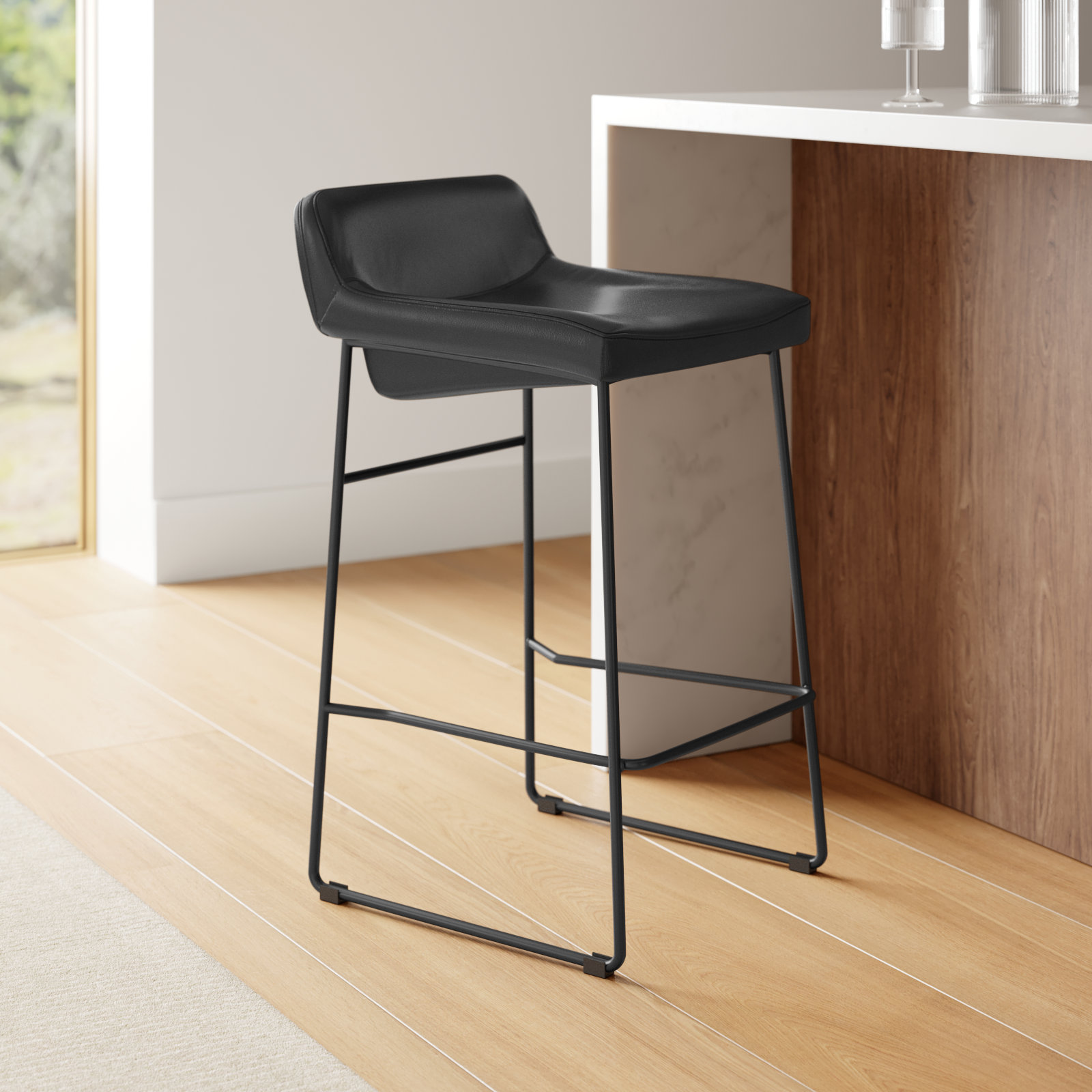 Brittany 26" Genuine Leather Bar Stool, Counter Stool (26” Seat Height), Black Genuine Leather