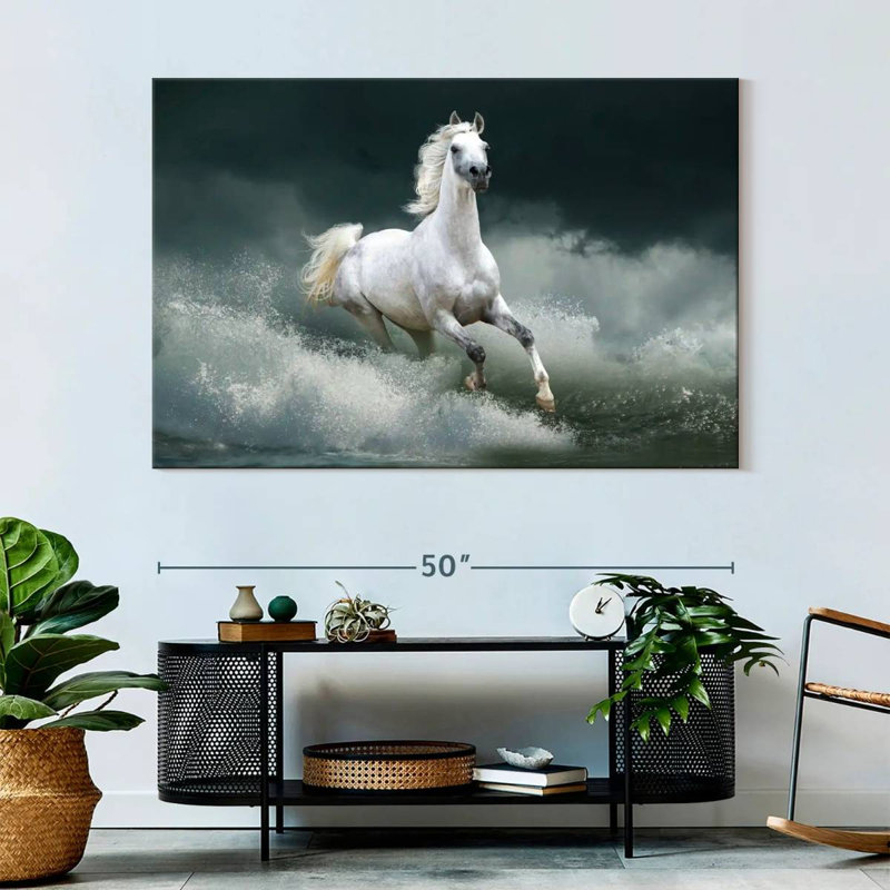 Brampt cheval qui court sauvage sur l'eau, H 34 po x l 51 po