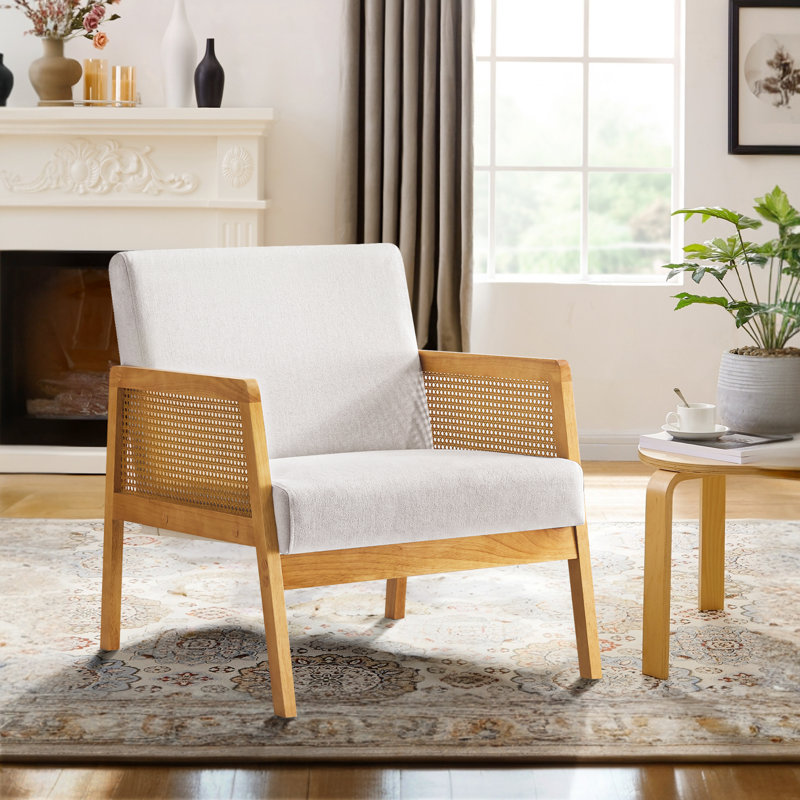 Chaise d'appoint Mid-Century rembourrée en bois avec accoudoirs en rotin, Lin beige