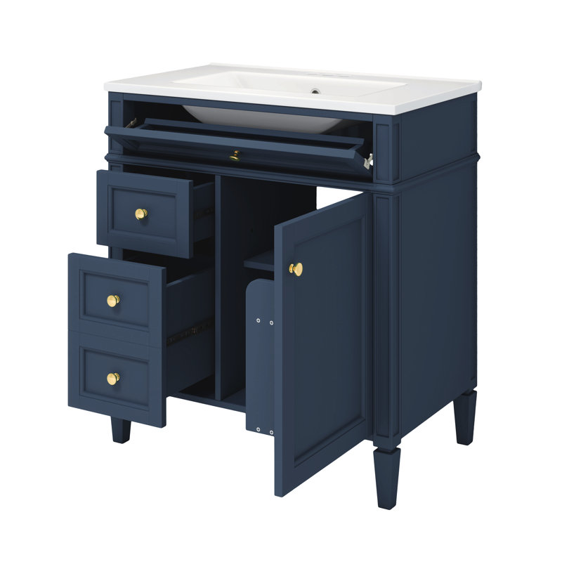 30" Bathroom Vanity with Single Sink Top, 2 Drawers & Tip-Out Drawer, Navy