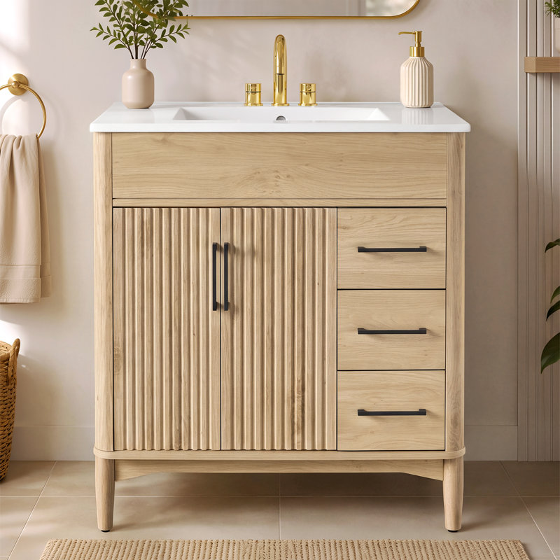 Meuble-lavabo de 76 cm (30 pouces) avec lavabo en céramique, 3 tiroirs à fermeture amortie, tablette en U réglable et portes à fermeture amortie.