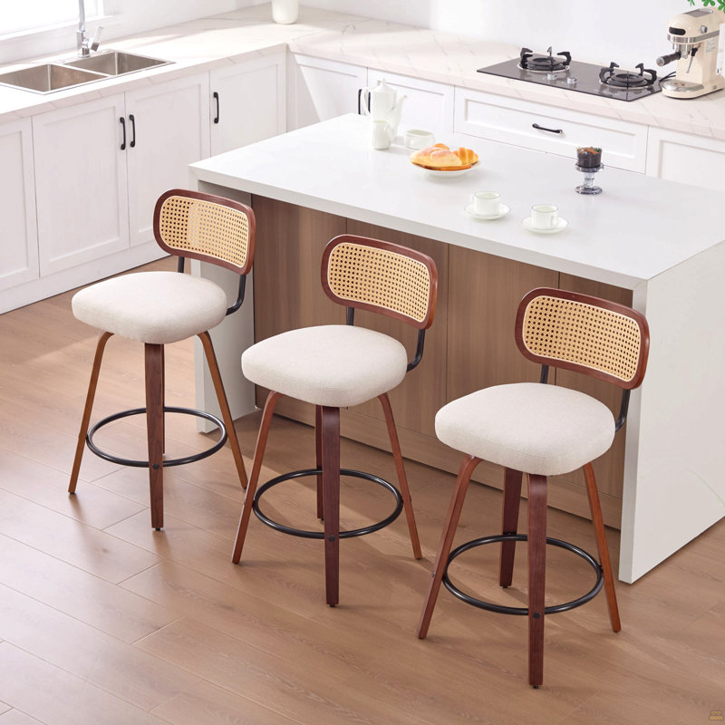 Set Of 3, 26-Inch Counter Height Bar Stools - Walnut Black, Cane Rattan Back, Beige Linen Upholstered Seat, Swivel Design For Kitchen Island/Bar/Counter,Sw3766bg