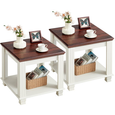 Ensemble de 2 tables de bout Farmhouse avec tablette de rangement à 2 niveaux, grande table d'appoint carrée avec 4 pieds carrés en bois massif, petite table basse de salon, blanc