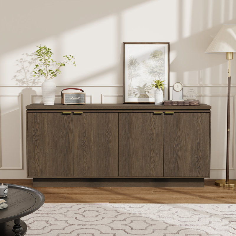 Buffet 70 po à 4 portes avec rangement moderne en bois brun, Brun, Pied de planche en bois massif