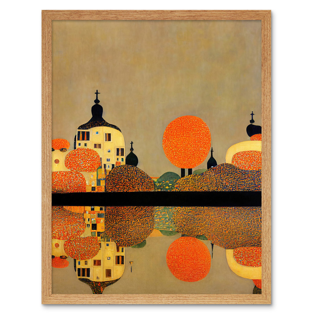 Klimt Style Autumn Lakeside Town Church - Print