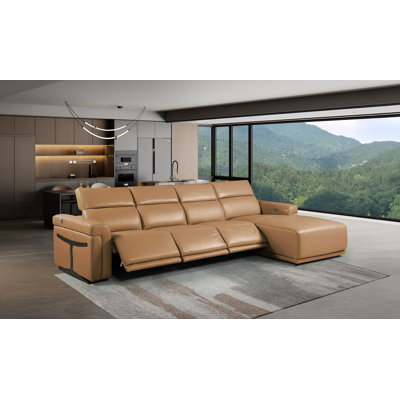 Canapé modulaire cognac en cuir italien de qualité supérieure 4 pièces Cognac avec 3 fauteuils inclinables électriques et appuis-tête réglables