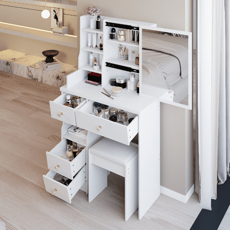 Petit meuble-lavabo de 29,2 po avec tiroir à gauche et tabouret rembourré, très grand miroir coulissant à droite, rangement multi-couches à grande capacité, commode pratique et pratique, convient aux petits espaces