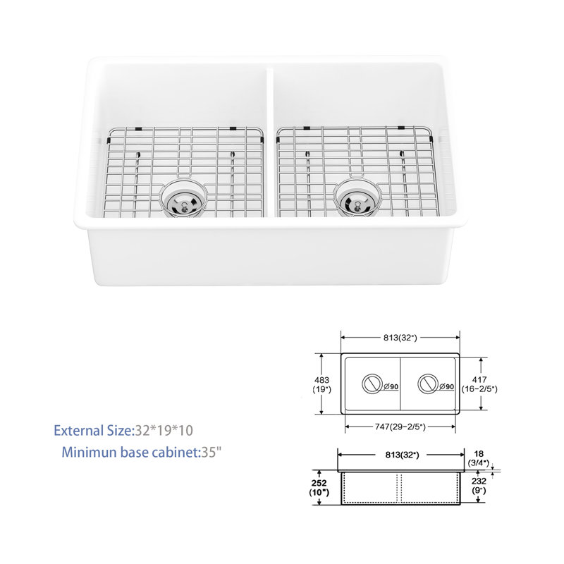 Évier de cuisine à double cuve en céramique 32 po - Lavabo rectangulaire blanc pour un nettoyage facile sous le comptoir