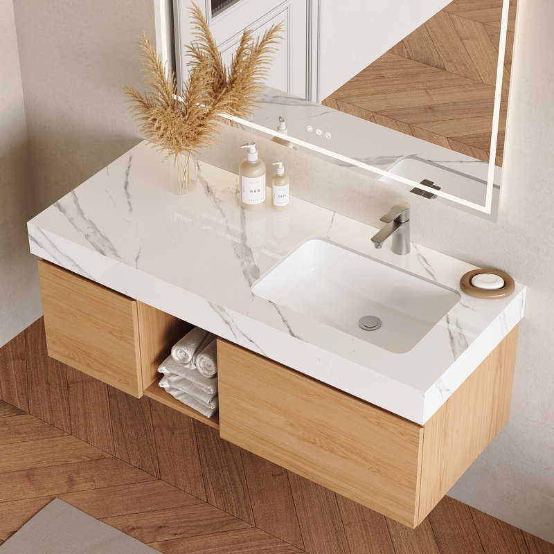 48" Light Walnut Bathroom Vanity with Sink, Modern Brown Wood Single Vanity Cabinet with Storage, Minimalist Design Bathroom Cabinet Including Drain Assembly