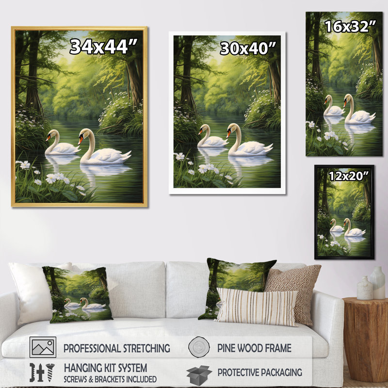 «Swans Refuge By The Lake II», reproduction d'art mural Swans Animal, Toile tendue, H 20 po x l 12 po