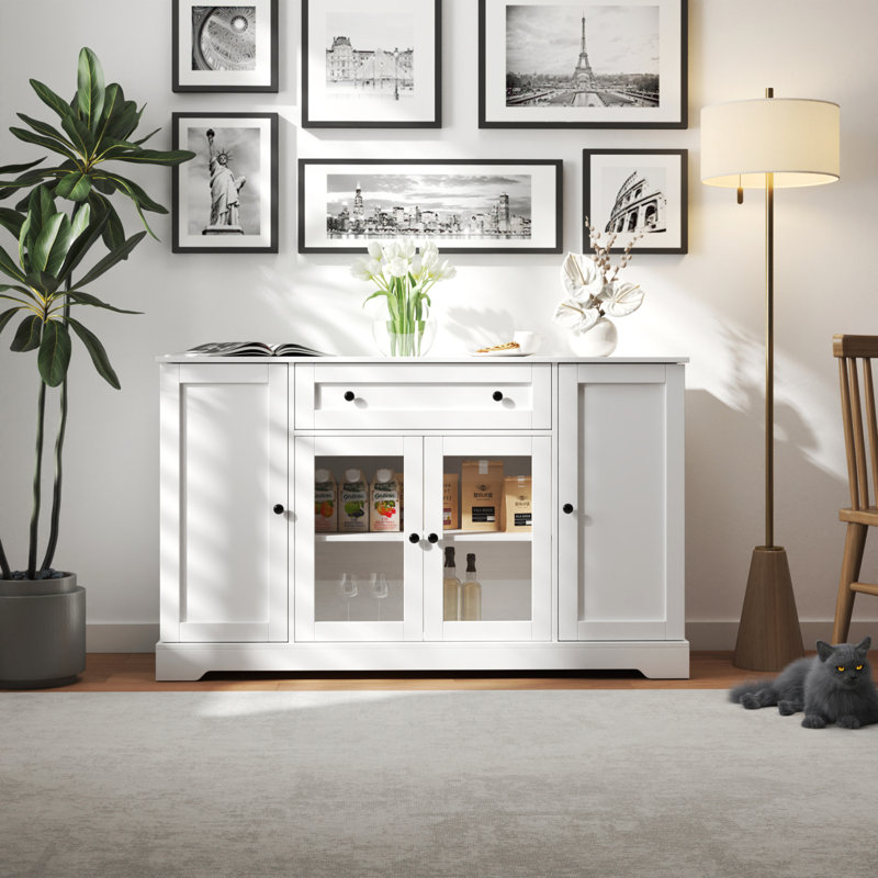Buffet avec rangement, buffet moderne avec portes, armoire à café avec tiroir et tablette réglable en bois, blanc