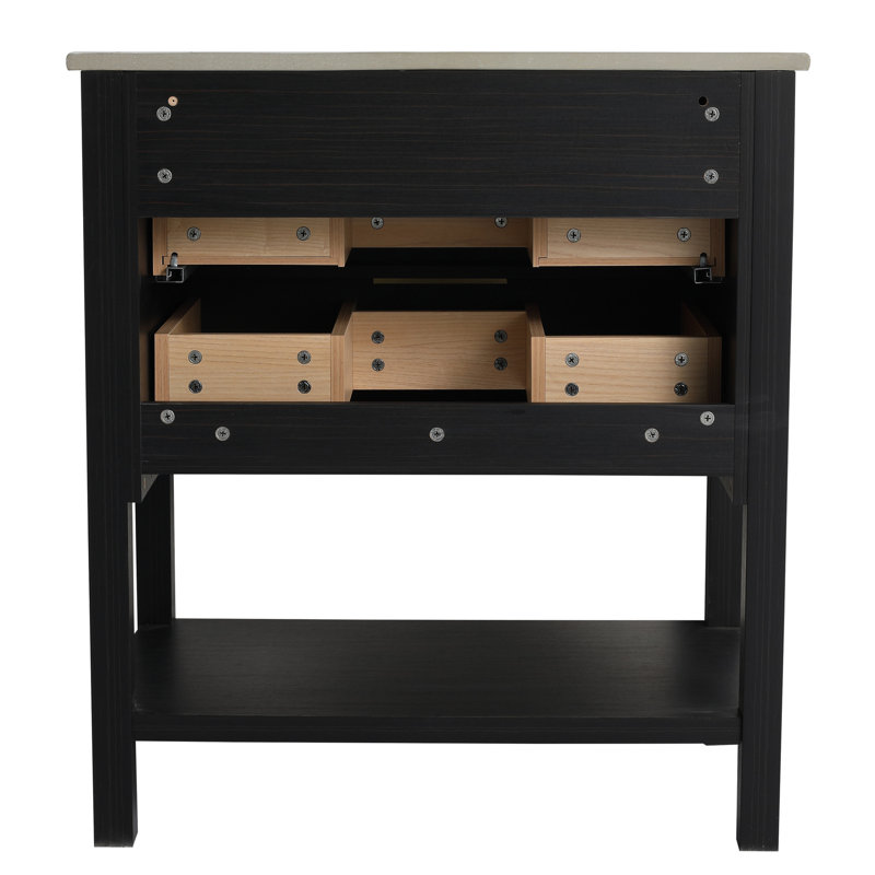 Étagère de meuble-lavabo sur pied 30 po, contreplaqué avec 2 tiroirs avec tiroirs en châtaignier noir, construction en