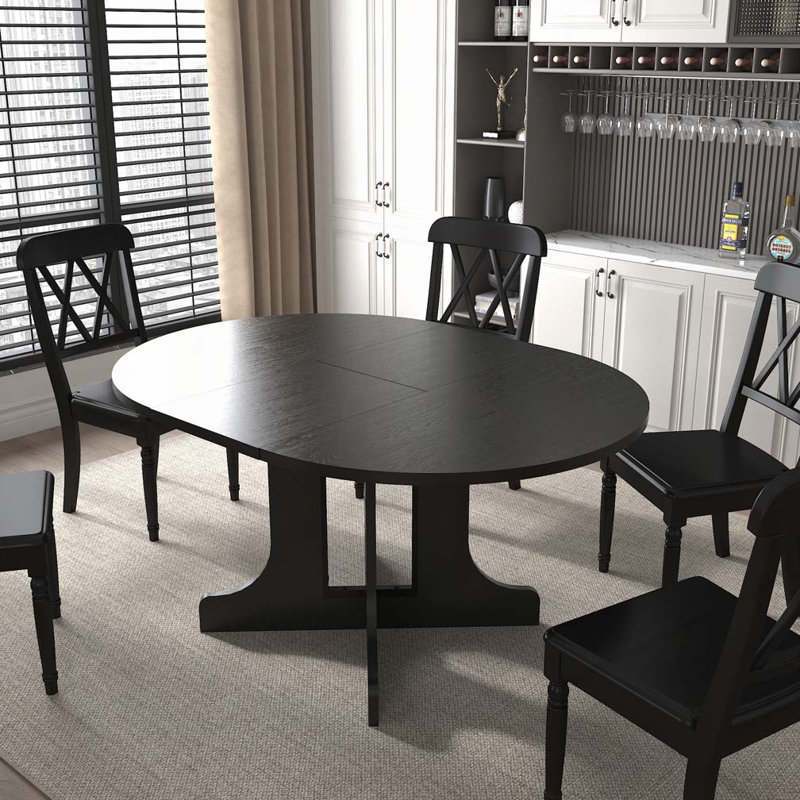 Expandable Dining Table with Oval Table Top with Removable Leaf, Black, Black