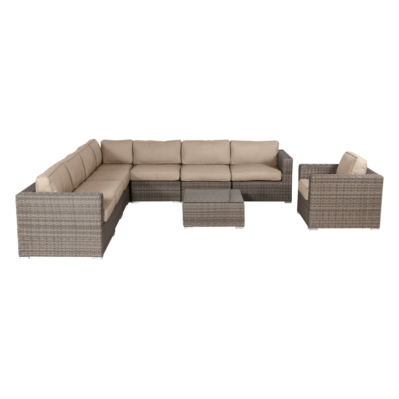 Ensemble de conversation en osier pour 7 personnes avec coussins Thorkil, Sunbrella beige, Mélange de gris
