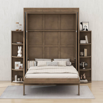 Grand lit escamotable avec bureau convertible, 2 tablettes latérales à 3 niveaux et supports de rangement supplémentaires, armoire murale pivotante en bois