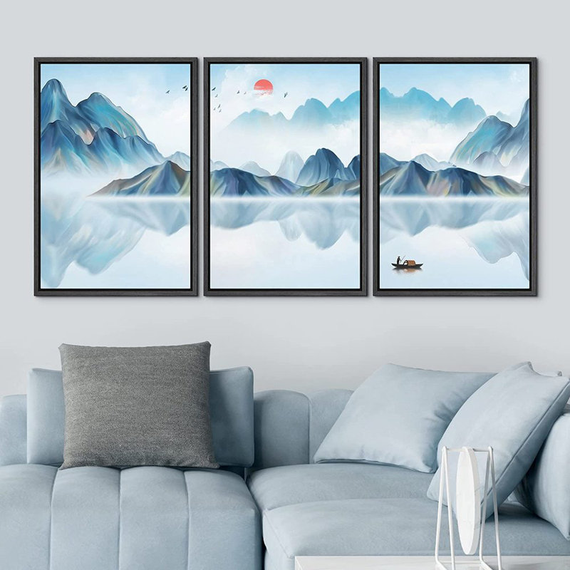 «Abstract Landscape Mountain Reflection», peinture sur toile flottante 3 pièces, Cadre noir, H 24 po x l 48 po