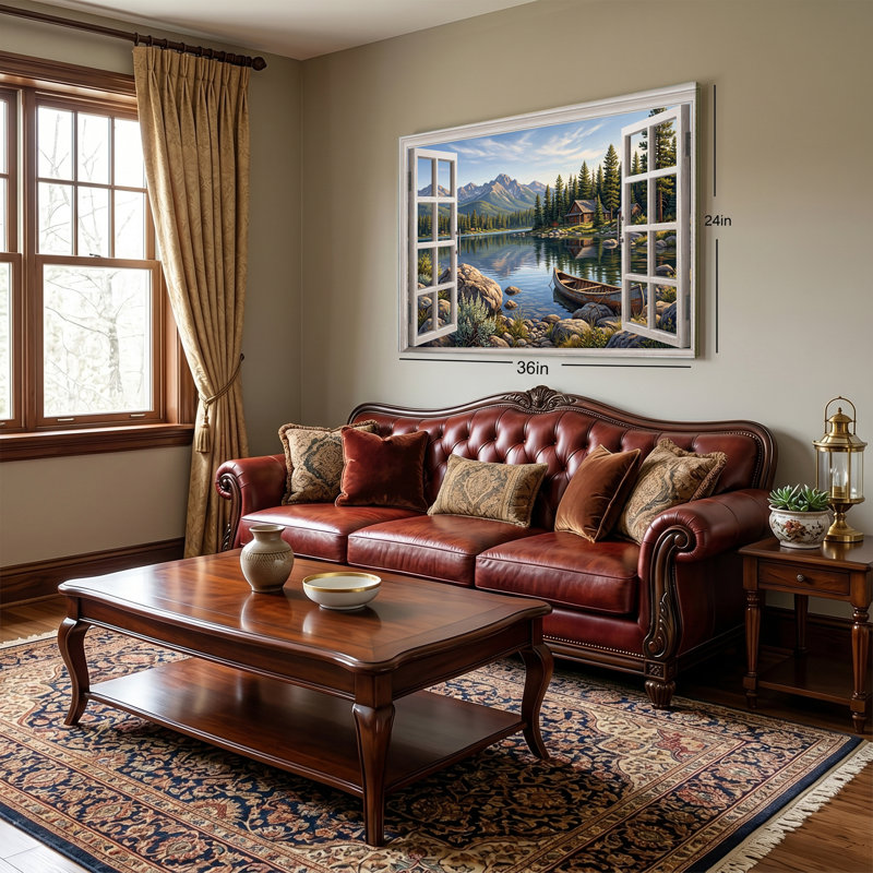 «Open Window Lake Cabin Mountain View Gallery», art mural sur toile tendue, 16x24in