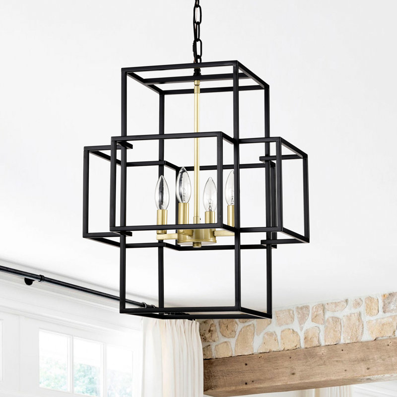 4- Metal Lantern - Matte Black & Gold, American Design Pendant For Living Room, Bedroom, Foyer, Adjustable Height Industrial Ceiling In Gold Lantern, Hallway, Stairways