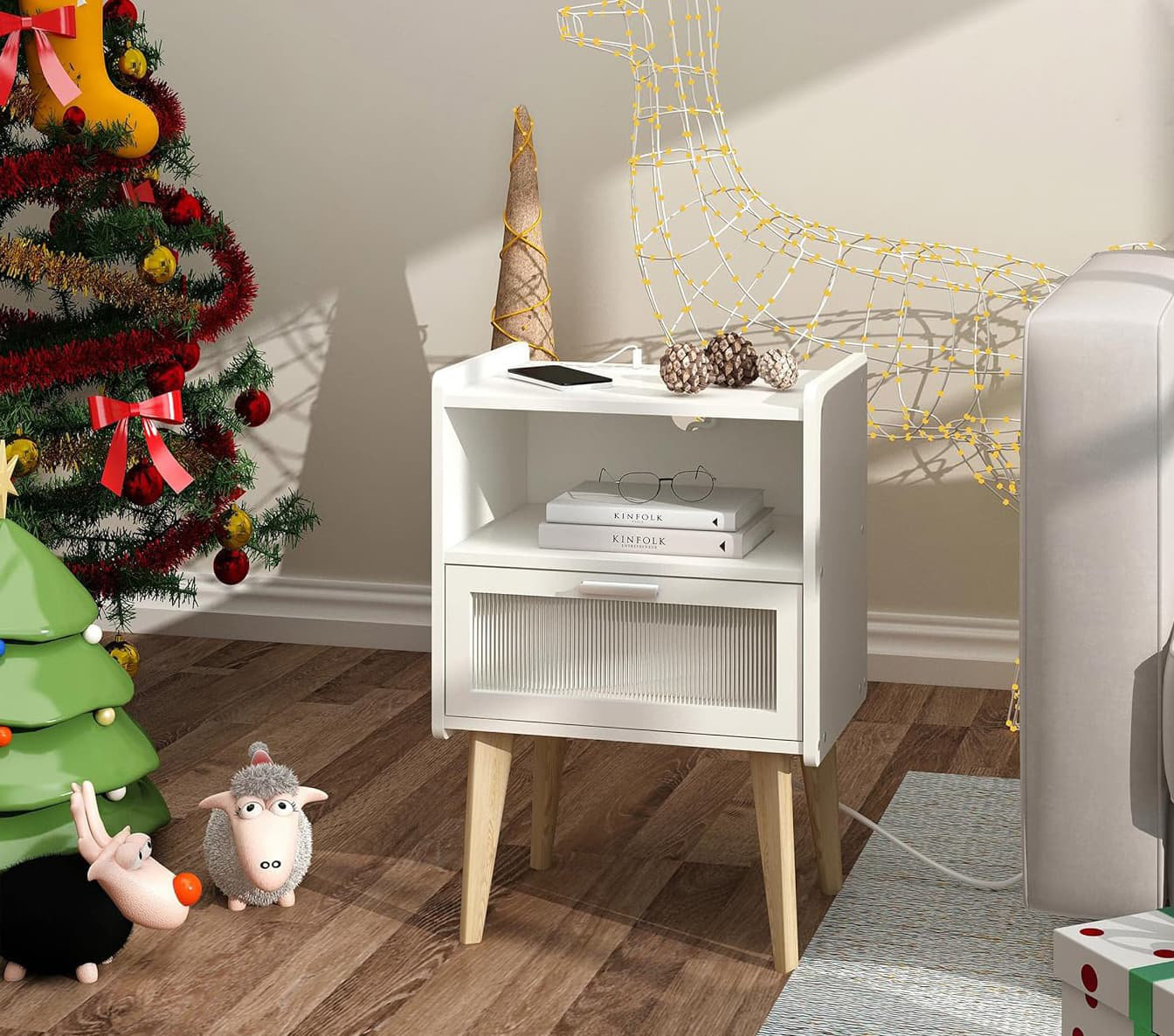 Oliver White End Table With BuiltIn Charging Station And 2Tier