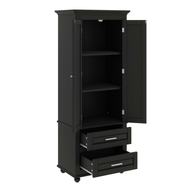 Tall Storage Cabinet, High-Quality Painted MDF, 3-Tier Upper Cabinet + 2 Drawers, Adjustable Shelf, Black