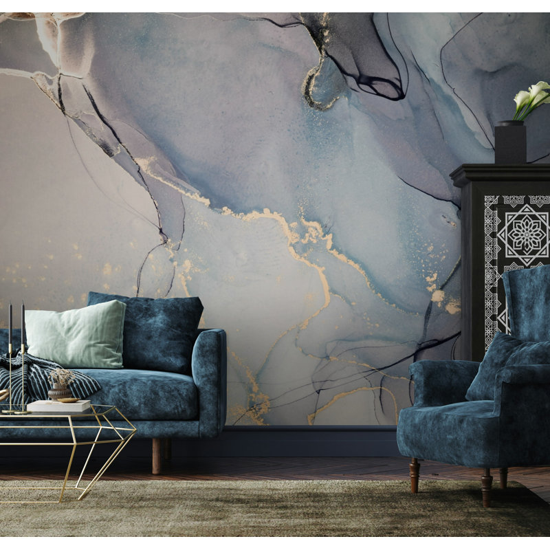 Blue Gray Abstract Ink Gold Vein Wallpaper, 50"L x 75"W