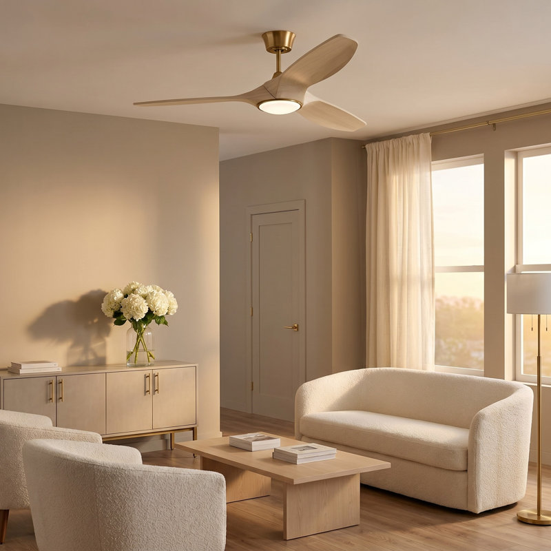 Ventilateur de plafond intelligent Selen, Chêne blanc délavé, 52 po de largeur, Laiton bruni