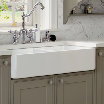 Whitehaus Collection 37" Double Bowl Fireclay Kitchen Sink: Reversible Plain Front Aprons