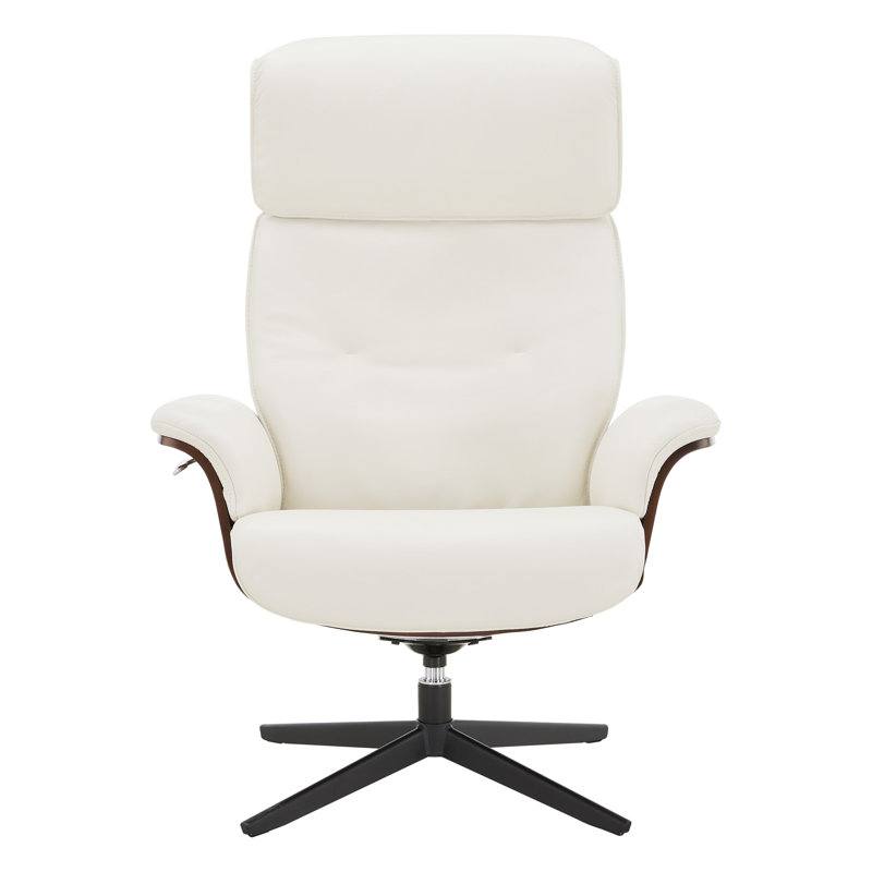 Mid Century Genuine Leather Swivel Recliner Lounge Chair With Ottoman, Coconut Milk