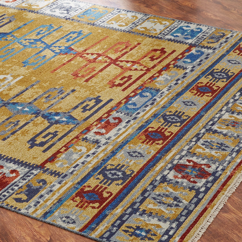 Zahara Hand Knotted Wool Area Rug in Saffron; Gold; Blue; Red, Rectangle 5' x 7'