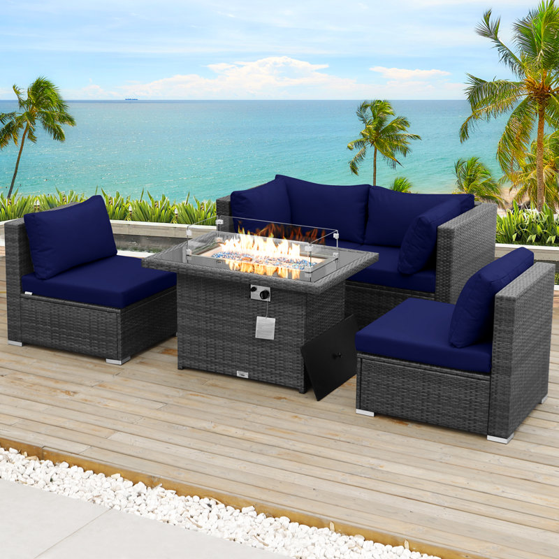 Ensemble modulaire d'extérieur en osier pour 5 personnes avec coussins et table de foyer au propane / gaz naturel 60 000 BTU Arisbet
