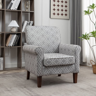 Rolled Arm Armchair, Solid Wood Frame with Tapered Legs, Polyester Blend Printed Cloth Upholstered Chair for Living Room