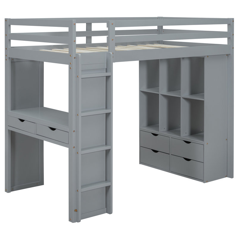 Lit mezzanine simple gris avec tablettes soignées, bureau et bureau DEL intelligemment conçus et lampe