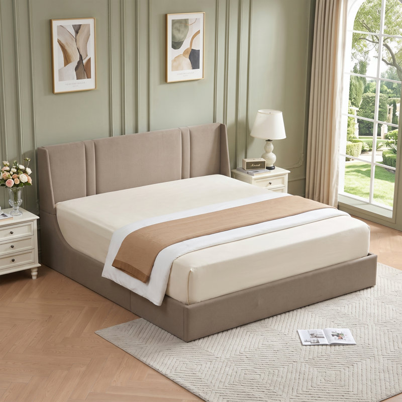 Modern Curved Wingback Velvet Upholstered Platform Bed with Gas Lift Storage, King, Brown, King, Brown