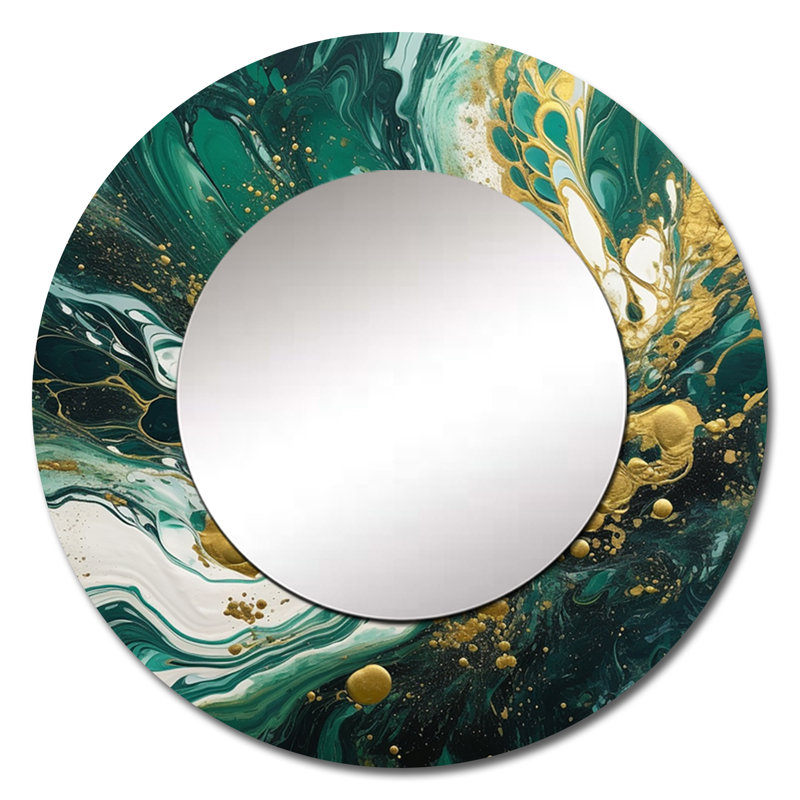 Vert et or Serene Cascade I - miroir unique abstrait, grand miroir mural vert, impression sur métal, 29 po x 29 po, Rond