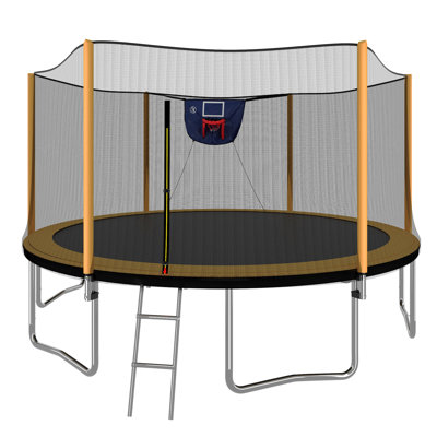 Trampoline 14FT thermolaqué avec gonfleur et échelle pour panier de basketball (enceinte de sécurité extérieure) orange
