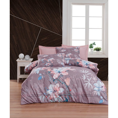 Luxury Double Quilt Cover Set, 79 x 79 in, 100% Polyester Microsatin & Cotton | 3D Printed Design, Zipper Closure, 140 Thread Count | Includes 2 Pillowcases (31.5 x 31.5 in), Machine Washable, Elegant Powder & Purple Colors