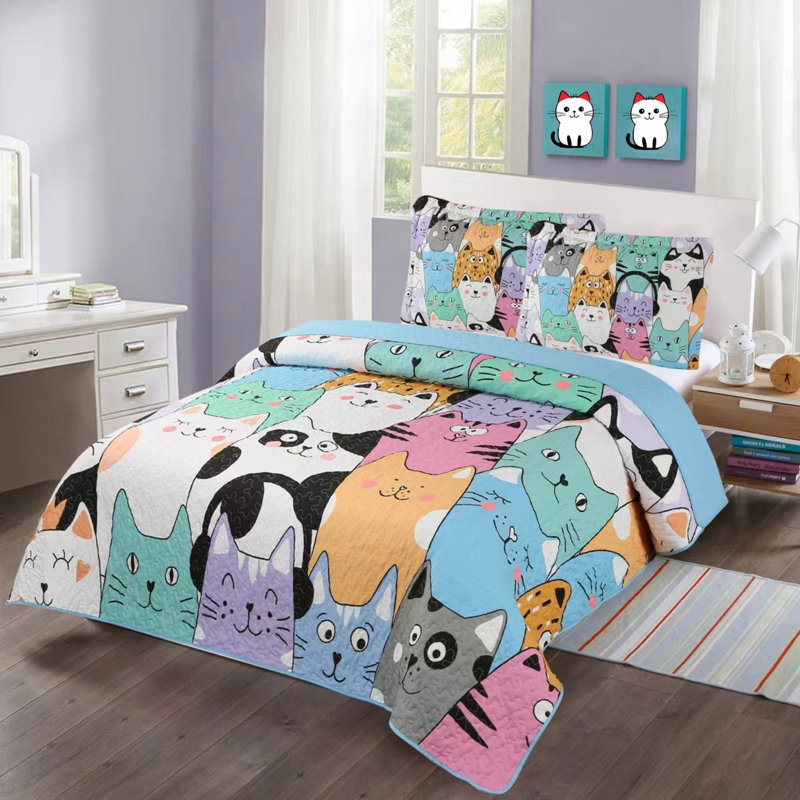 Blue Reversible Kids Full Cat Quilt Bedspread Set